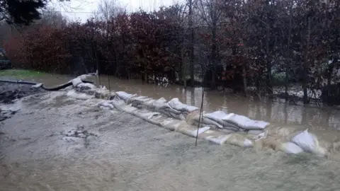 Kim Syrett Sewer water on both sides of sand bags. There are bushes and trees in the background and white sandbags on the ground. 