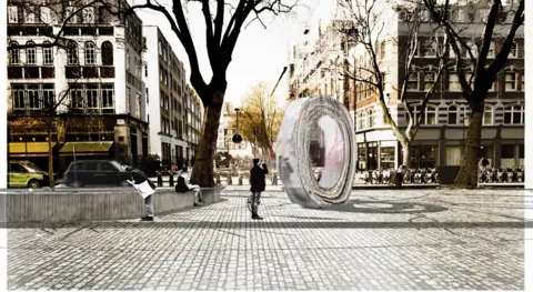 Anya Gallaccio and Rinehart Herbst The design concept of the Aids Memorial in situ, surrounded by a couple of tall trees and buildings.