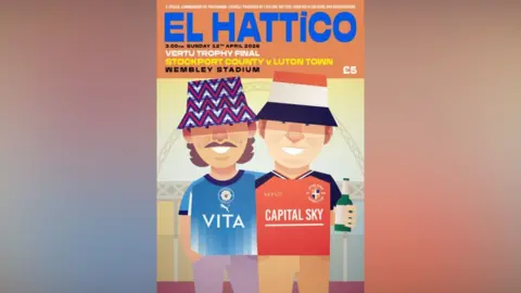 Des Hinks A commemorative programme for the EFL Vertu Trophy final at Wembley between Luton Town and Stockport County. A supporter from each side is standing next to each other wearing their respective strips.