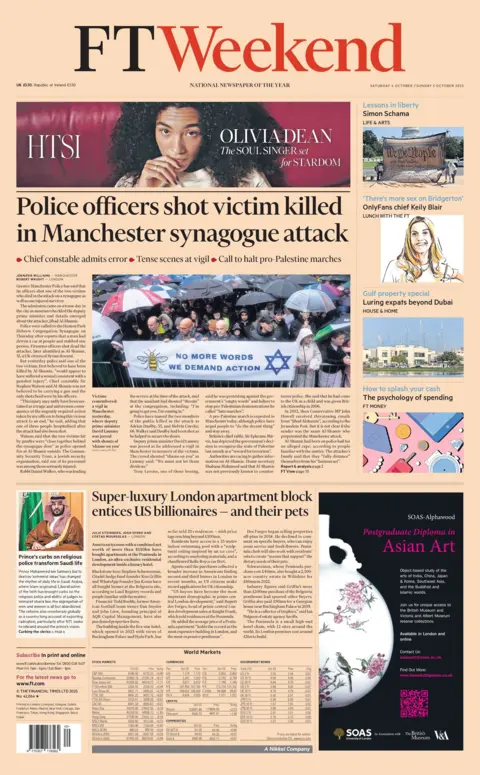 "Police officers shot victim killed in Manchester synagogue attack" reads the headline on the front page of the Financial Times.