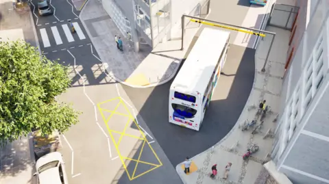 An artist's impression, with a birds-eye perspective, of a white, double decker Jersey bus. It is approaching a rectangular, grey and yellow height restriction barrier. At the rear of the bus, a set of yellow lines are painted on the road. A zebra crossing is visible in the top left of the image.
