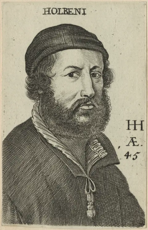 National Portrait Gallery, London An etching of painter Hans Holbein the Younger, who is looking face on. He has a full beard and is wearing a cap. 