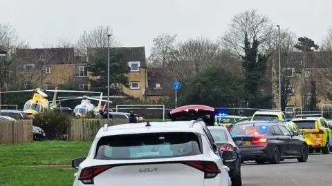 Andy Dixon - Apoyo a Víctimas de Delitos con Armas Cortadas. El lugar del apuñalamiento se encuentra en un parque rodeado de casas. Dos helicópteros se encuentran en tierra junto a unas porterías, junto con vehículos policiales y civiles.