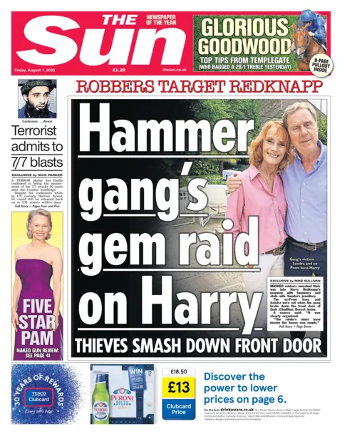 The headline on the front page of the Sun reads: "Hammer gang's gem raid on Harry".
