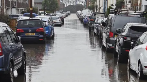 Eddie Mitchell A residential street lined with cars is flooded with dark murky water