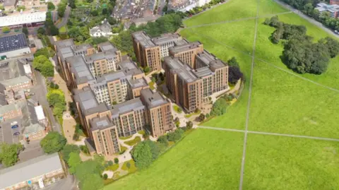 Newcastle University/Unite Students A CGI of how the new halls will look. Paths from the halls run across the Town Moor towards the city centre.