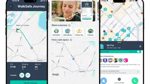 WalkSafe Three screenshots showing what the app looks like in someone's phone. The first one shows someone's route which has been depicted with a green trail line and a flag at the end showing their destination. The second shows someone's live location on a map, which is depicted by a small blue dot. And the third image shows a map with small blue icons showing which areas are classified as safe.