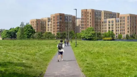 Newcastle University / Unite Students / NORR A computer-generated image showing a male student with a backpack walking down a path towards the new halls. There are multiple tall, brown blocks surrounded by trees and grassland. Two female students are walking down the same path, exiting the halls.