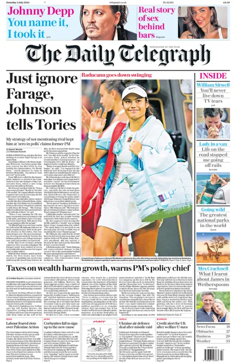 "Just ignore Farage, Johnson tells Tories" is the headline on the Daily Telegraph