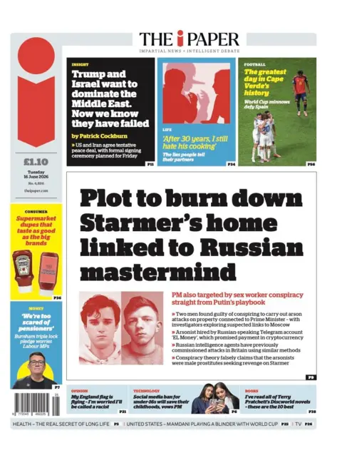 The headline on the front page of the i Paper reads: “Plot to burn down Starmer's home linked to Russian mastermind”.