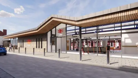 Artist's impression of a single storey train station in Selby.