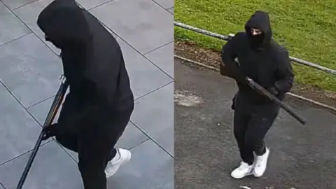 CPS Image shows two scenes, each of Efekan Karahan dressed all in black, wearing a face mask and hood pulled over his head. He has white trainers and is holding a double-barrelled shotgun.