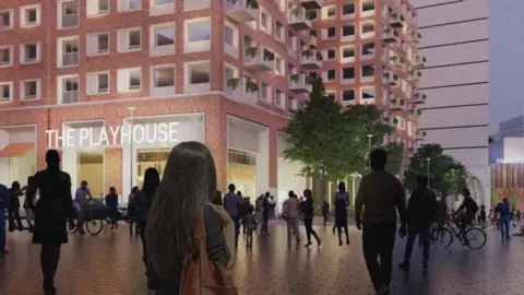 Howells A visualisation of what the development at the site of the Bull Ring Indoor Market could look like, showing crowds walking towards a new building with the sign that says the playhouse on it.