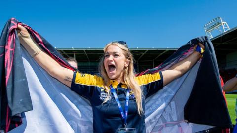 Shona Hoyle celebrates Leeds' win over Wigan in the Women's Challenge Cup semi-final