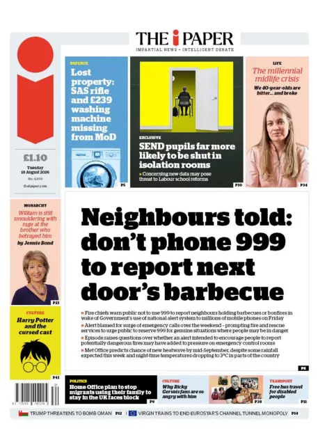 The headline on the front page of the i Paper reads: "Neighbours told: don't phone 999 to report next door's barbecue."
