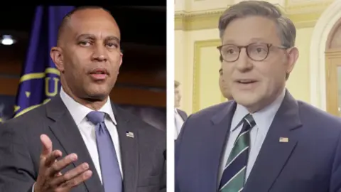Hakeem Jeffries on the left, Mike Johnson on the right.