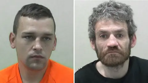 Northumbria Police Mugshots of two men. On the left is Gary Clews, who has short brown hair and is wearing an orange T-shirt. On the right is Craig Brown, who has thick grey hair and a thick ginger beard, and is wearing a black T-shirt.