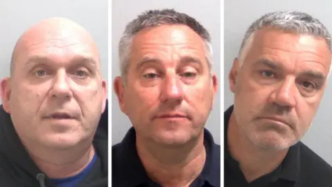 Custody shots of Iain Green, Simon Renoldi and Matthew Hutchinson. Green is bald and has his mouth open. Renoldi has short grey hair and has a blank expression. Hutchinson also has grey hair and looks more serious in his expression.