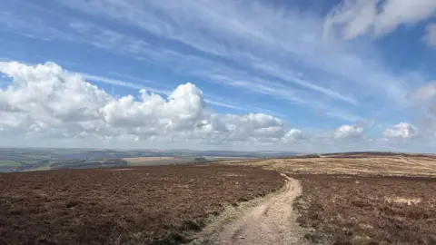 Weather Watcher Sparky The view from Dunkery Beacon looking across Exmoor. There is a dry-mud path in the middle of the image. There are fields in the background. There are blue skies and puffy clouds.