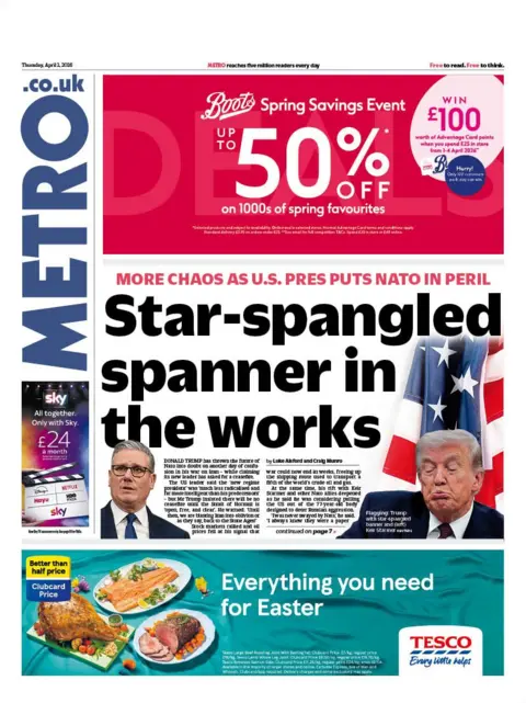 The headline on the front page of the Metro reads: "Star-spangled spanner in the works." 