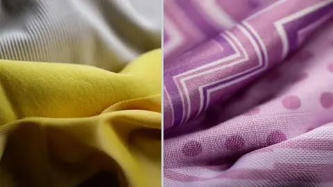 Colorifix Cloth and scarves coloured in mustard, beige and purple.