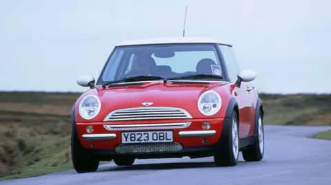 Getty Images 2001 Mini Cooper driving on country road.