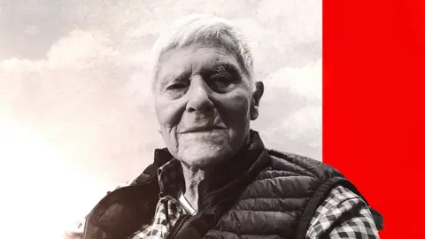 A black and white image of an older man, wearing a checked shirt and gilet, imposed onto a white and red striped background.