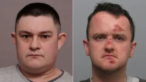 Leicestershire Police A composite image showing head and shoulders image of Luke Harlow to the left and Stephen Beadman to the right. Both have short dark hair and no beards.