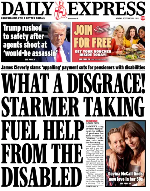 Prima pagina del Daily Express. Il titolo dice: Che scandalo! Starmer riceve assistenza per il carburante da persone disabili.