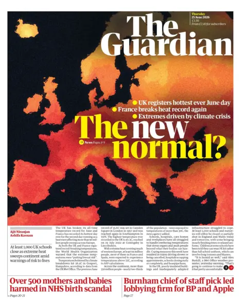 "The new normal?" is the Guardian's headline on the front page, imprinted over a heat map of Western Europe and the UK. 