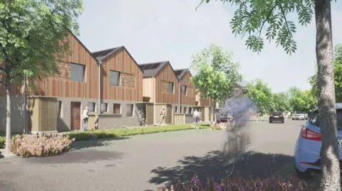 An artists impression of the homes at ground level, showing timber framing on the first floor. A blurred man is cycling past in the foreground