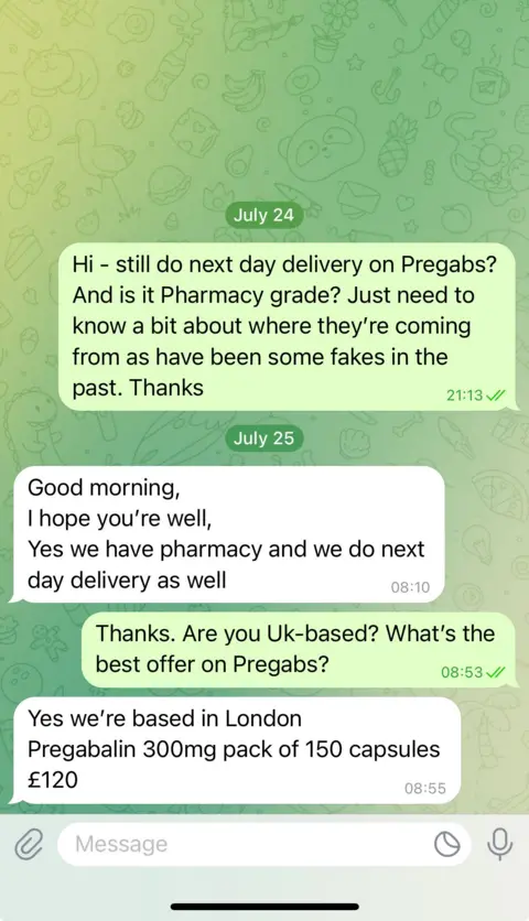 Telegram exchange with seller offering pregabalin.