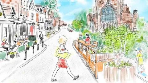 An artist impression of a street, with people sitting outside a restaurant on the left-hand side, a woman crossing the road in the middle, and people sat in a mini-park on the right hand side amongst trees and plants. A church can be seen in the background.