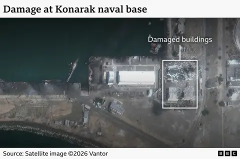 An image highlighting damaged buildings at Konarak Naval base.