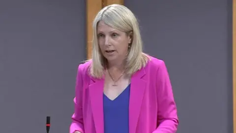 An image of Hannah Blythyn stood in the Senedd chamber, wearing a pink jacket and blue top.