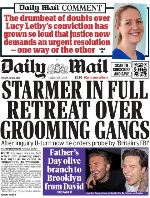 The front page of the Daily Mail. The headline reads "Starmer in full retreat over grooming gangs".
