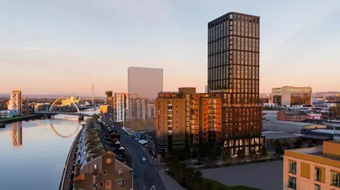 Our Studio The River Clyde with a computer generated outline of where the new student block would stand once build. The image shows the current tower blocks and existing flats along the river.