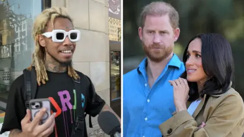 A splitscreen of a man in white glasses on the left and Harry and Meghan on the right.