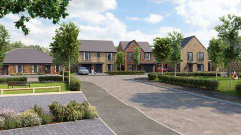 Banks A computer-generated image of what the homes would like like shows two-storey beige and brown houses with large windows and garages. There are grassed areas with young trees, shrubs and benches.