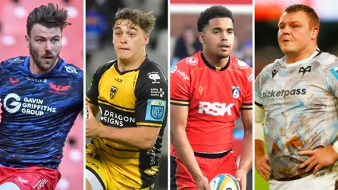 Johnny Williams of Scarlets, Huw Anderson of Dragons, Ben Thomas of Cardiff and Dewi Lake of Ospreys