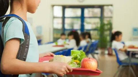 A child holding a tray with food on it. You can see salad and an apple. The picture is cropped so you cannot see the child's face. They are wearing a blue tshirt and a grey backpack. In the background, out of focus, are a number of other pupils sat at tables in a dining environment.