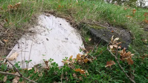 A close-up view of a grassy bank with large pieces of what appear to be asphalt and concrete embedded in the earth.