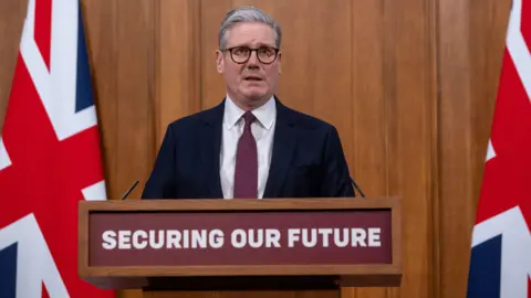 Keir Starmer, UK prime minister, speaks during a news conference following a virtual meeting with international leaders on support for Ukraine in London, UK, on Saturday, March 15, 2025.