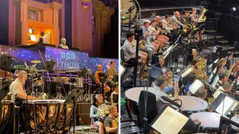 Left, a man with a big drum in front of a sign saying BBC Proms. Right, the brass section of an orchestra.