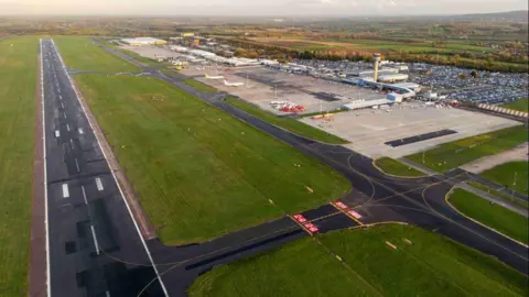A birds-eye view of the runway at East Midlands Airport. 