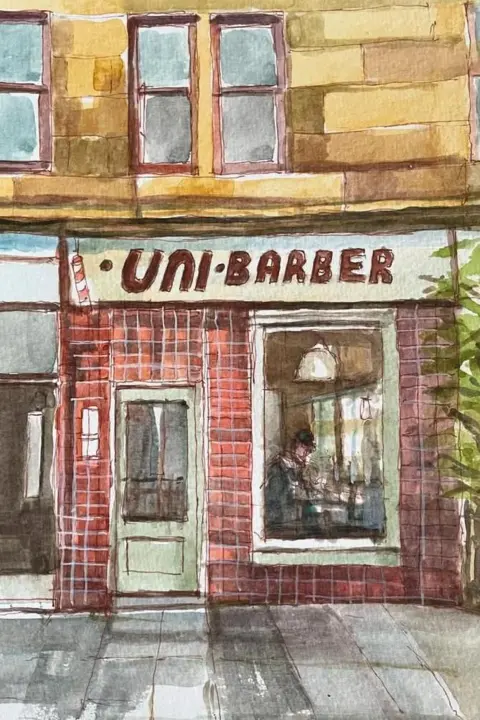 Allan Richardson A watercolour painting of Uni Barber on Glasgow's Byres Road. The shop clad with red tiles and has a white sign with red text.