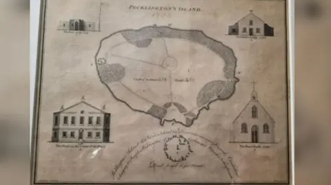 Keswick Museum/BBC A drawing showing plans being drawn up for Pocklington's Island.