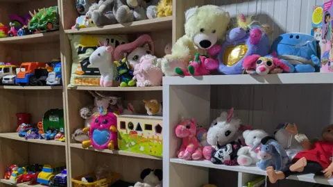 Lesley Reynolds Shelves full of childrens toys on display inside charity shop