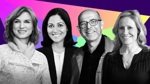 BBC An image showing a black and white photo of Fiona Bruce, Mishal Husain, Nick Robinson and Sophie Raworth against a coloured background