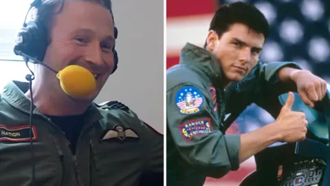 Composite image of an RAF pilot in a jumpsuit with a mic and Tom Cruise as Maverick in Top Gun